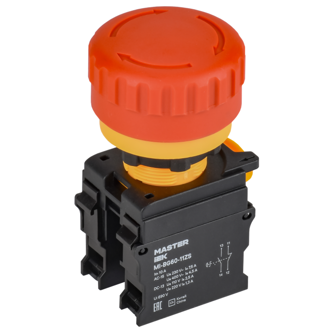 Кнопка IEK MASTER MI-BG60-11ZS-3-23-K04 "Грибок" поворотная с фиксацией 1NO+1NC красная MI-BG600-11ZS-3-23-K04