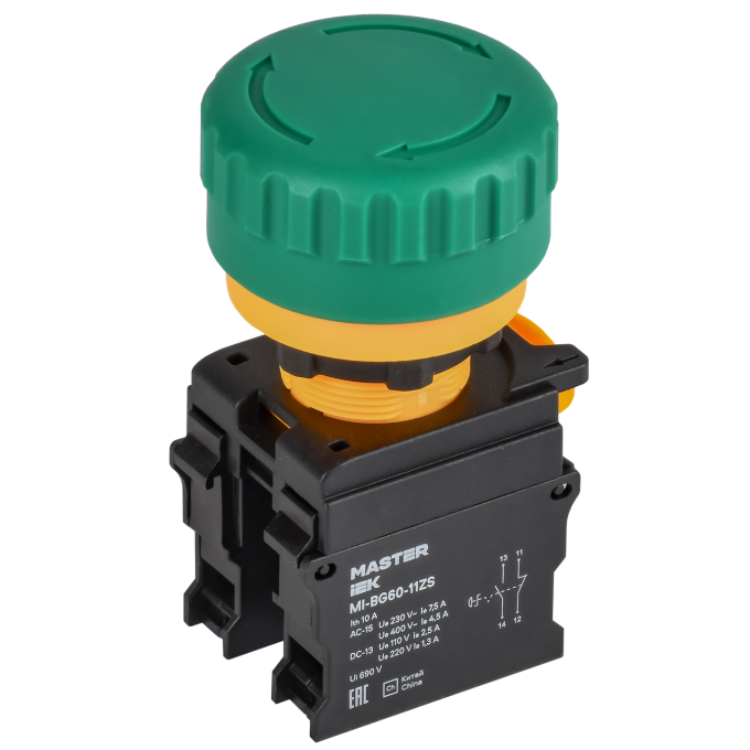 Кнопка IEK MASTER MI-BG60-11ZS-3-23-K06 "Грибок" поворотная с фиксацией 1NO+1NC зелёная MI-BG60-1ZS-3-23-K06