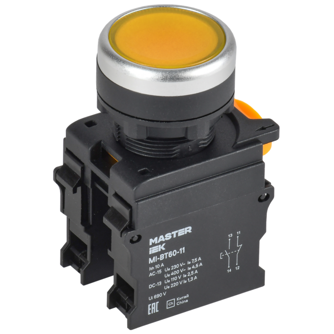 Кнопка IEK MASTER MI-BT60-11-3-22-K05 d=22мм 1NO+1NC жёлтая MI-BT60-11-33-22-K05