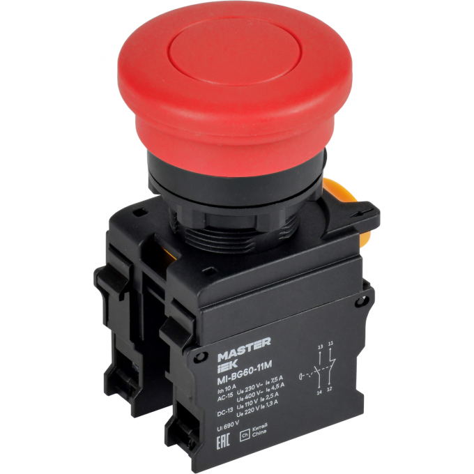 Кнопка "Грибок" без фиксации IEK MASTER d=22мм 1NO+1NC красная MI-BG60-11M-3-21-K04