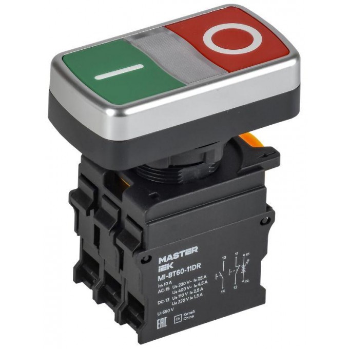 Кнопка "I-O" с подсветкой IEK MASTER MI-BT60-11DR-3-11-K51 d=22мм 1NO+1NC MI-BT60-111DR-3-11-K51