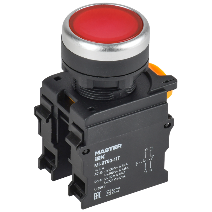 Кнопка с фиксацией IEK MASTER MI-BT60-11T-3-21-K04 d=22мм 1NO+1NC красная MI-BT60-11T-3-21-K004