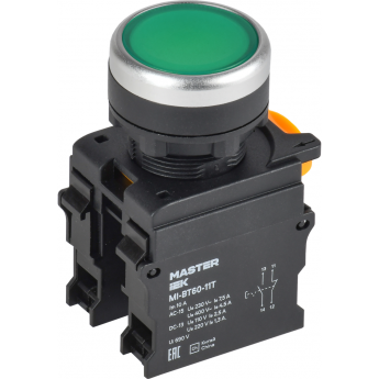 Кнопка с фиксацией IEK MASTER MI-BT60-11T-3-21-K06 d=22мм 1NO+1NC зелёная