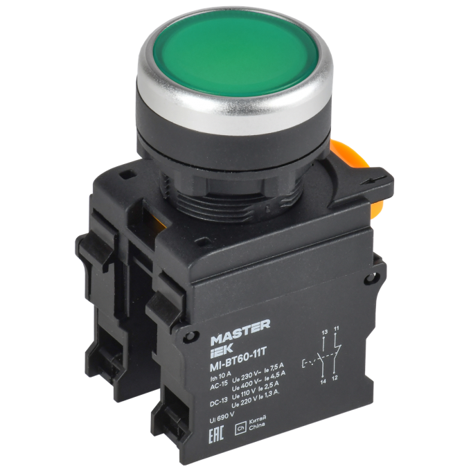 Кнопка с фиксацией IEK MASTER MI-BT60-11T-3-21-K06 d=22мм 1NO+1NC зелёная MI-BT60-11T-33-21-K06