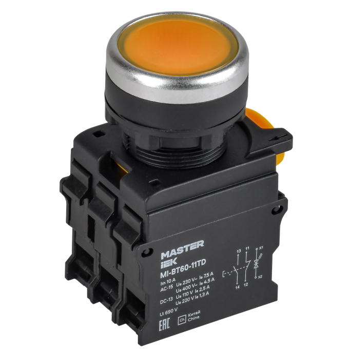 Кнопка с подсветкой и фиксацией IEK MASTER d=22мм 1NO+1NC жёлтая MI-BT60-11TD-3-11-K05