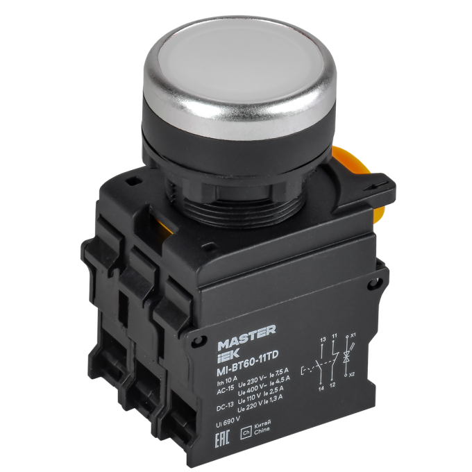 Кнопка с подсветкой и фиксацией IEK MASTER MI-BT60-11TD-3-11-K01 d=22мм 1NO+1NC белая MI-BT60-11TD-3-11-K001