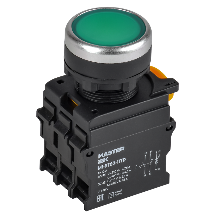 Кнопка с подсветкой и фиксацией IEK MASTER MI-BT60-11TD-3-11-K06 d=22мм 1NO+1NC зелёная MI-BT600-11TD-3-11-K06