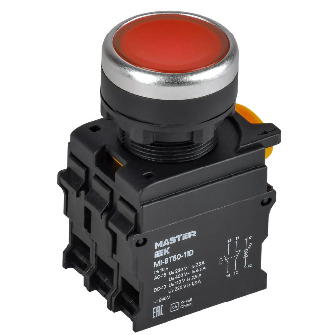 Кнопка с подсветкой IEK MASTER MI-BT60-11D-3-12-K04 d=22мм 1NO+1NC красная MI-BT60-11D-33-12-K04