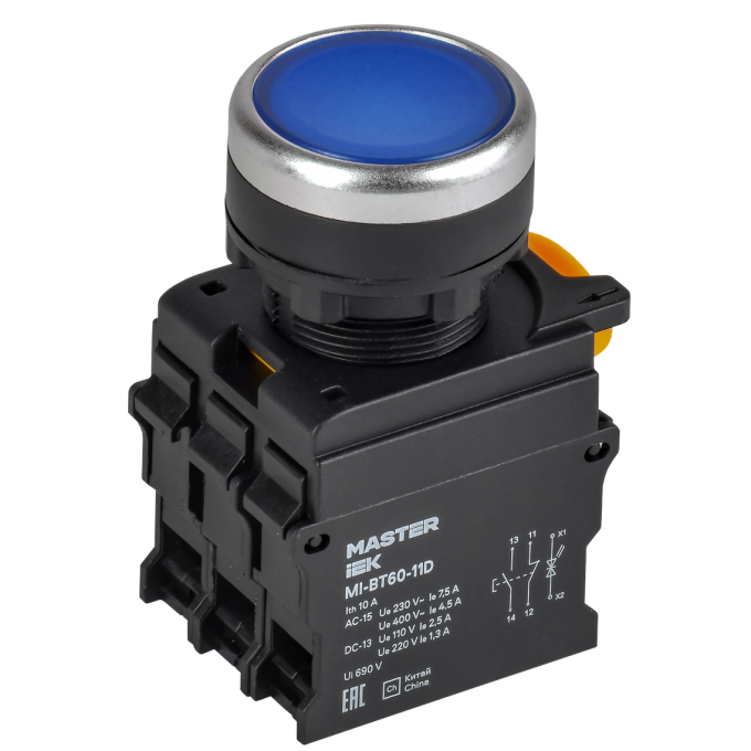 Кнопка с подсветкой IEK MASTER MI-BT60-11D-3-12-K07 d=22мм 1NO+1NC синяя MI-BT60-11D-3-12-K007